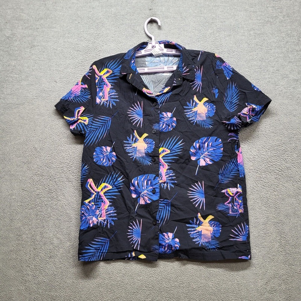 Dutch Bros Coffee Women Top Medium Blue Leaf‎ Print Neon Hawaiian Button Up